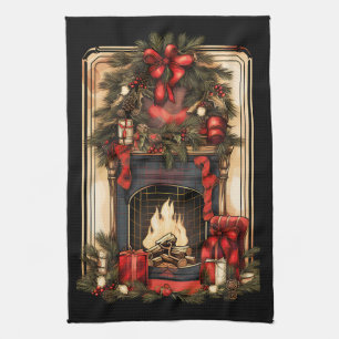 Vintage Home Fireplace Pine Boughs Red Bows Tea Towel