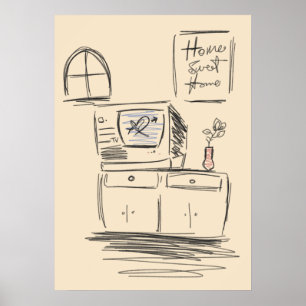 Vintage Home Sweet Home TV Living Room Sketch Poster
