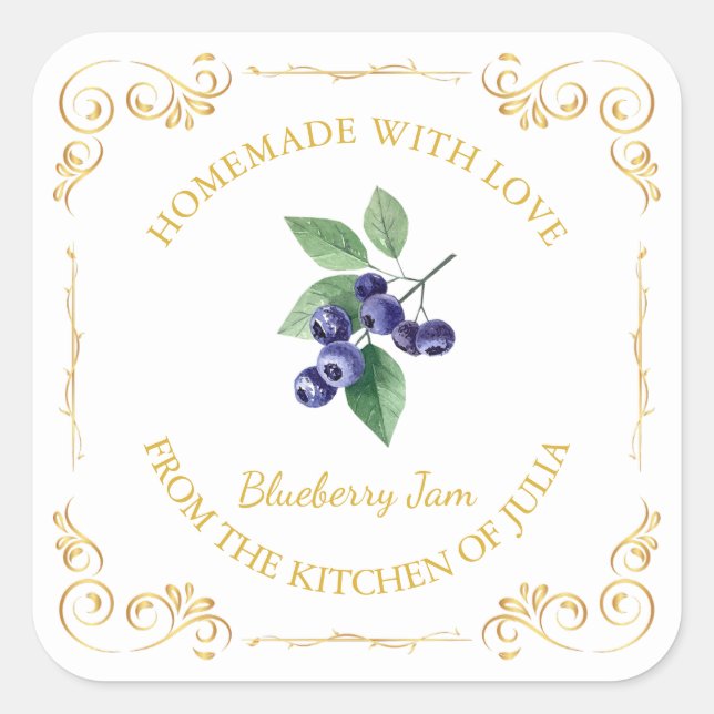 Vintage Homemade Blueberry Jam Square Label (Front)