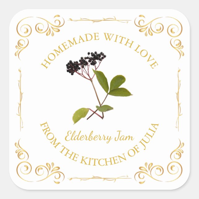 Vintage Homemade Elderberry Jam Square Label (Front)