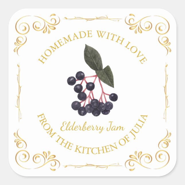 Vintage Homemade Elderberry Jam Square Label (Front)