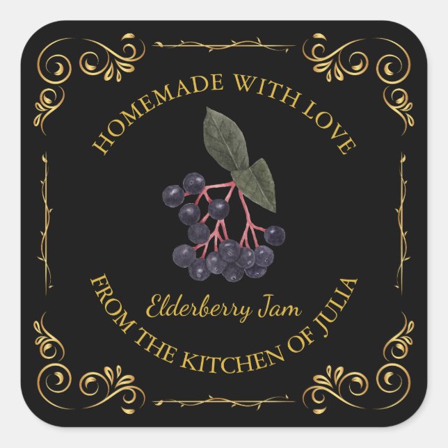 Vintage Homemade Elderberry Jam Square Label (Front)