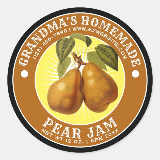 Vintage Homemade Pear Jam Template Classic Round Sticker (Front)