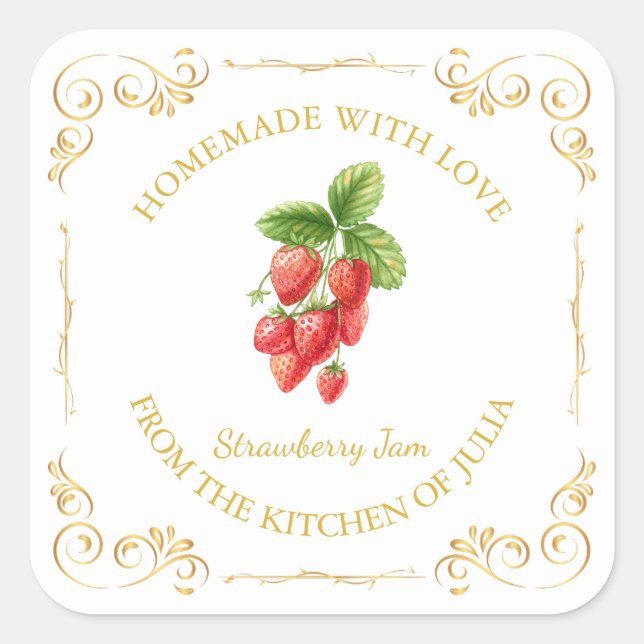 Vintage Homemade Strawberry Jam Square Label (Front)