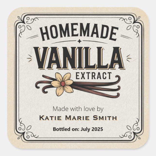 Vintage Homemade Vanilla Extract 3” Square Sticker (Front)