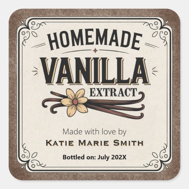 Vintage Homemade Vanilla Extract Brown Square Sticker (Front)