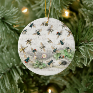 Vintage Honey Bee Queen Bee Entomology Botanical Ceramic Tree Decoration