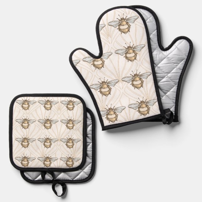 Vintage Honey Bees  Oven Mitt & Pot Holder Set (Front/Back)