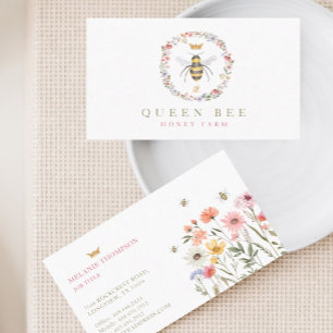 Vintage Honey Queen Bee Watercolor Wildflowers Business Card