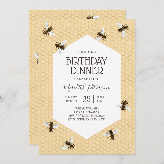 Vintage Honeybee Birthday Dinner Invitation (Front/Back)