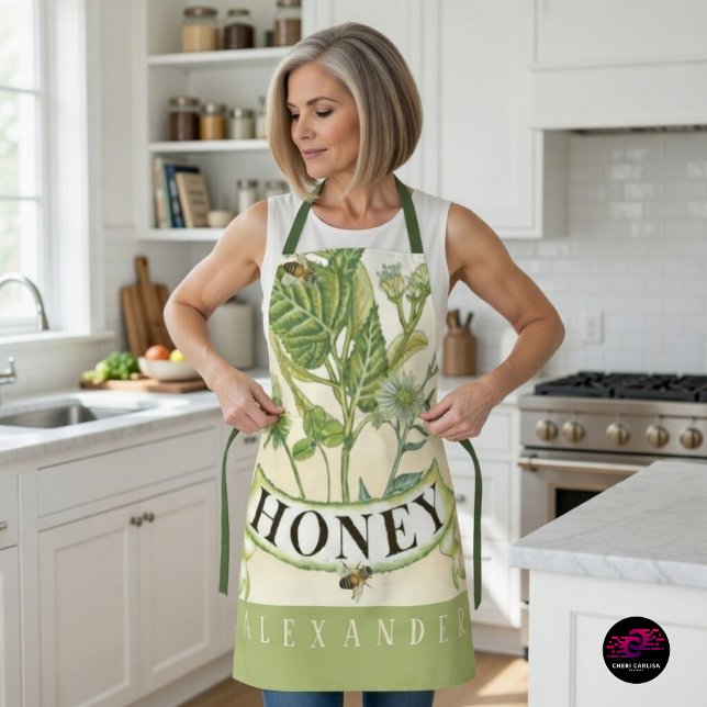Vintage Honeybee Botanical Illustration Apron (Vintage botanical elegance, designed for everyday moments in the kitchen.)
