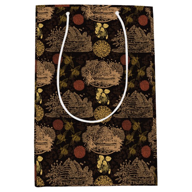 Vintage Honeycomb Bee Black Medium Gift Bag (Front)