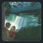 Vintage Honeymoon Love, Newlyweds at Niagara Falls Square Sticker<br><div class="desc">Vintage illustration love and romance image with a young married couple on their honeymoon by Niagara Falls. A romantic evening near the waterfall under the moonlight of a full moon.</div>