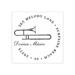 Vintage Horn Trombone Music Return Address Rubber Stamp