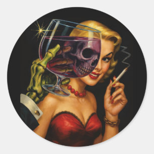 Vintage Horror Noir Sticker – Femme Fatale Skeleto