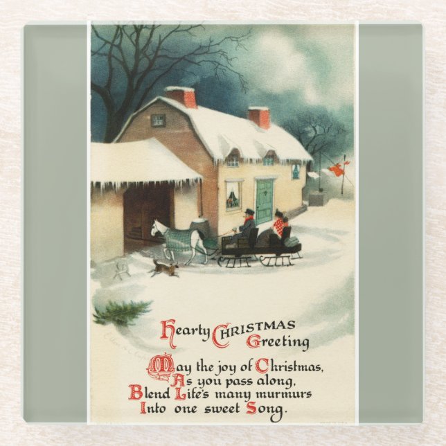 Vintage Horse Drawn Sleigh Christmas Glass Coaster (Front)