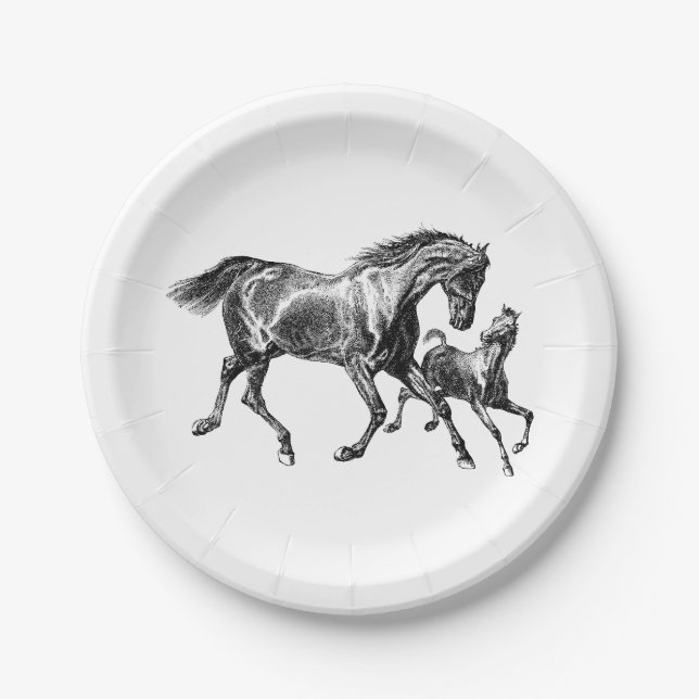 Vintage Horses Mother Baby Foal Paper Plate (Front)
