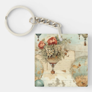 Vintage Hot Air Balloon in a Serene Landscape (3) Key Ring