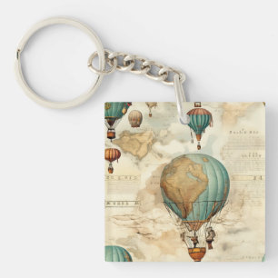 Vintage Hot Air Balloon in a Serene Landscape (5) Key Ring