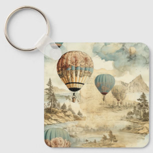 Vintage Hot Air Balloon in a Serene Landscape (7) Key Ring