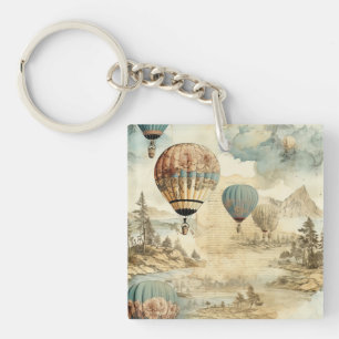 Vintage Hot Air Balloon in a Serene Landscape (7) Key Ring