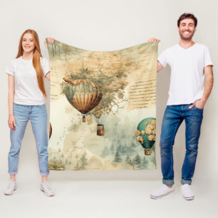 Vintage Hot Air Balloon in a Serene Landscape (8) Fleece Blanket