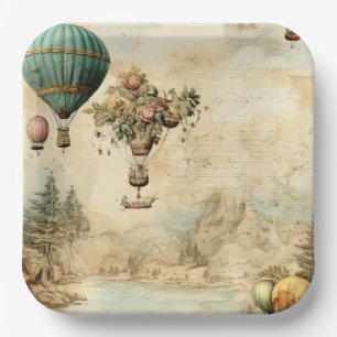 Vintage Hot Air Balloon in a Serene Landscape Paper Plate