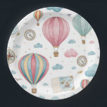 Vintage Hot Air Balloon Pattern (1) Paper Plate<br><div class="desc">Whimsical watercolor pattern paper plate featuring vintage hot air balloons,  compasses,  clouds,  stars,  travel journals,  and paper airplanes on a clean white background. Ideal for travel lovers,  adventure seekers,  vintage enthusiasts,  and anyone who loves dreamy exploration-inspired aesthetics.</div>