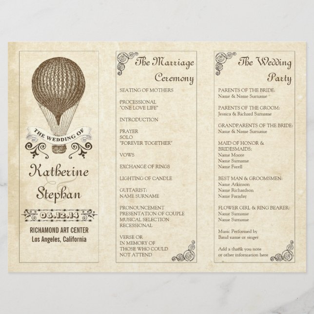 vintage hot air balloon wedding programs (Front)