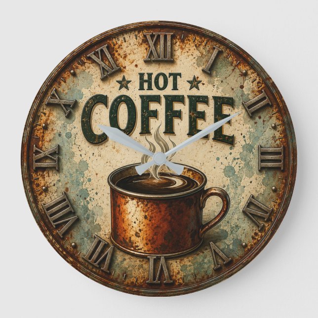 Vintage Hot Coffee Rustic Farmhouse Kitchen  Large Clock (Front)