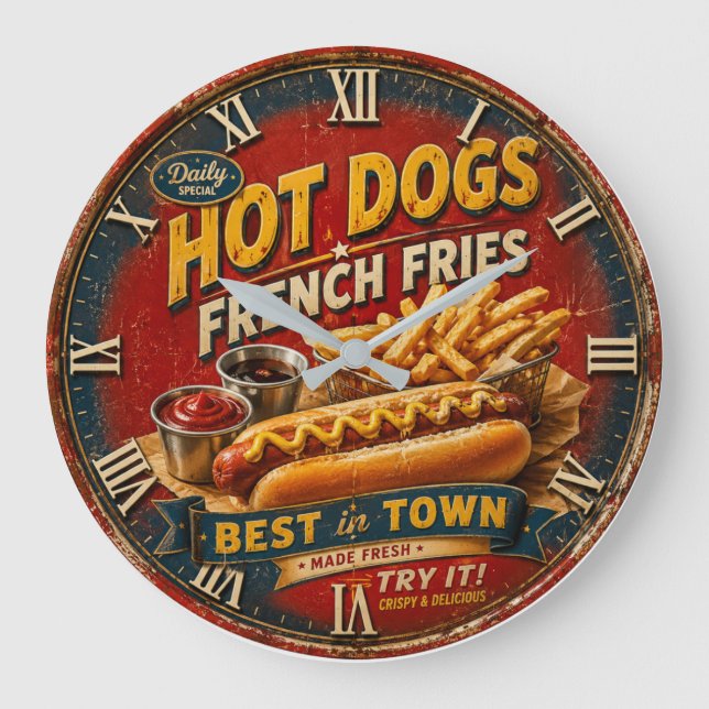 Vintage Hot Dogs & French Fries Large Clock (Front)