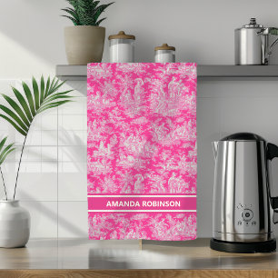 Vintage Hot Pink French Country Toile de Jouy Tea Towel