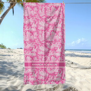 Vintage Hot Pink French Toile de Jouy Pattern Beach Towel