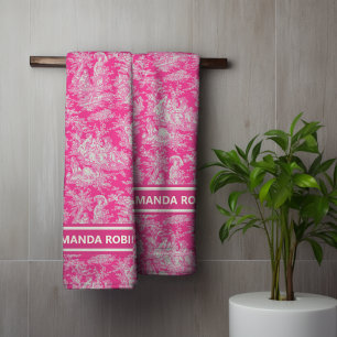 Vintage hot pink toile de jouy printed bath towel set