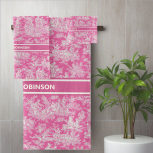 Vintage hot pink toile de jouy printed bath towel set