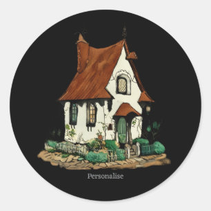 Vintage House Cottage Fairy Witchy Black Whimsical Classic Round Sticker
