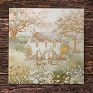 Vintage House in The Green Meadow Cottagecore Art Tile