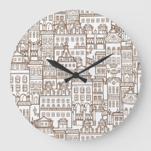 Vintage Houses: Architectural Seamless Pattern. Large Clock
