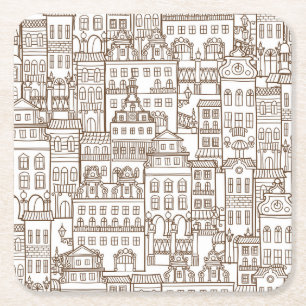 Vintage Houses: Architectural Seamless Pattern. Square Paper Coaster