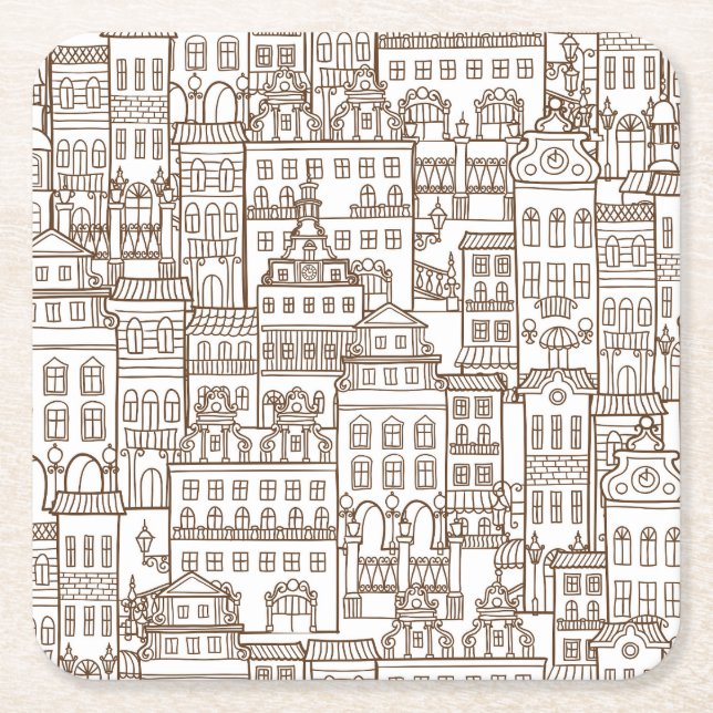 Vintage Houses: Architectural Seamless Pattern. Square Paper Coaster (Front)