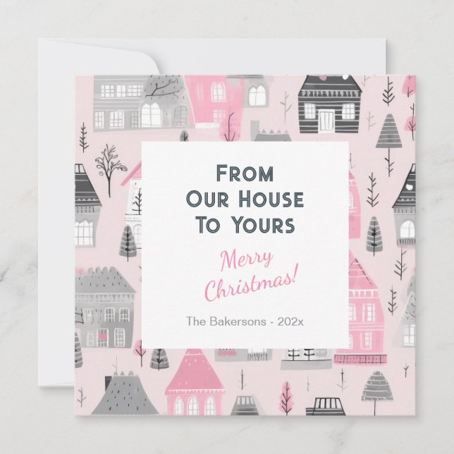 Vintage Houses on Pink Christmas Card (Front)