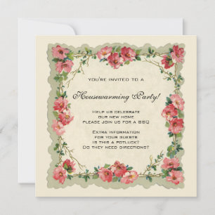 Vintage Housewarming, Antique Roses Flowers Floral Invitation