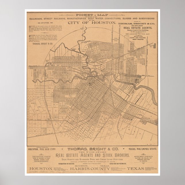 Vintage Houston Texas Railroad Map (1890) Poster (Front)