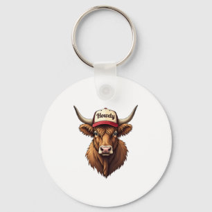 Vintage Howdy Highland Cow Western Trucker Hat Sty Key Ring