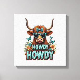 Vintage Howdy Highland Cow with Heart Sunglasses W Canvas Print