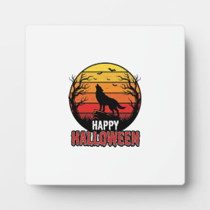 Vintage Howling Wolf Happy Halloween Vector Design Plaque