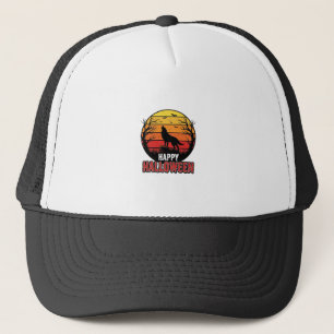 Vintage Howling Wolf Happy Halloween Vector Design Trucker Hat
