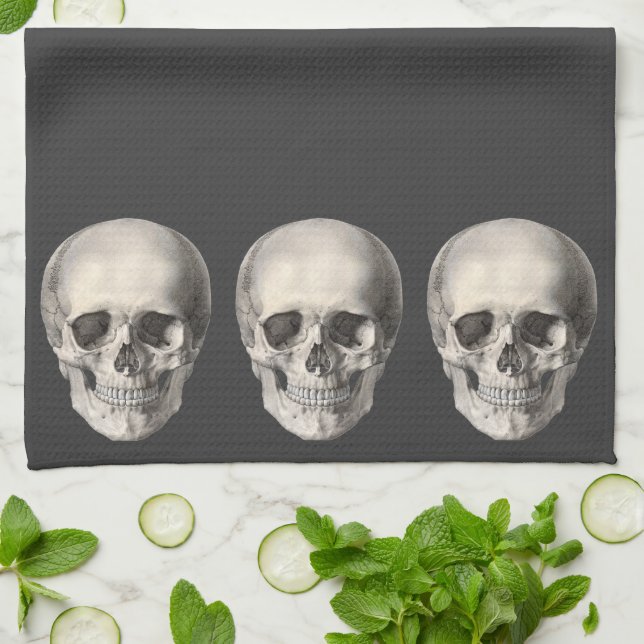 Vintage Human Anatomy Skull, Halloween Skeleton Tea Towel (Folded)