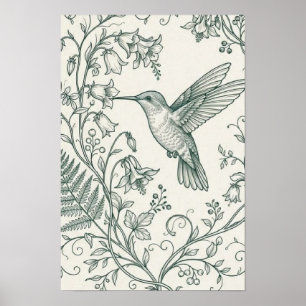 Vintage Hummingbird and Botanical Fern Fine Line A Poster