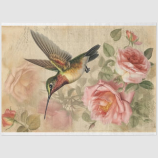 Vintage Hummingbird and Pink Roses Decoupage Tissue Paper